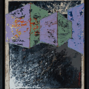 Abstract schilderij Balans: paars en groene vlakken met hierachter het brandende interne vuur.
